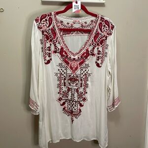 Johnny Was Ivory and Burgundy Embroidered Tunic